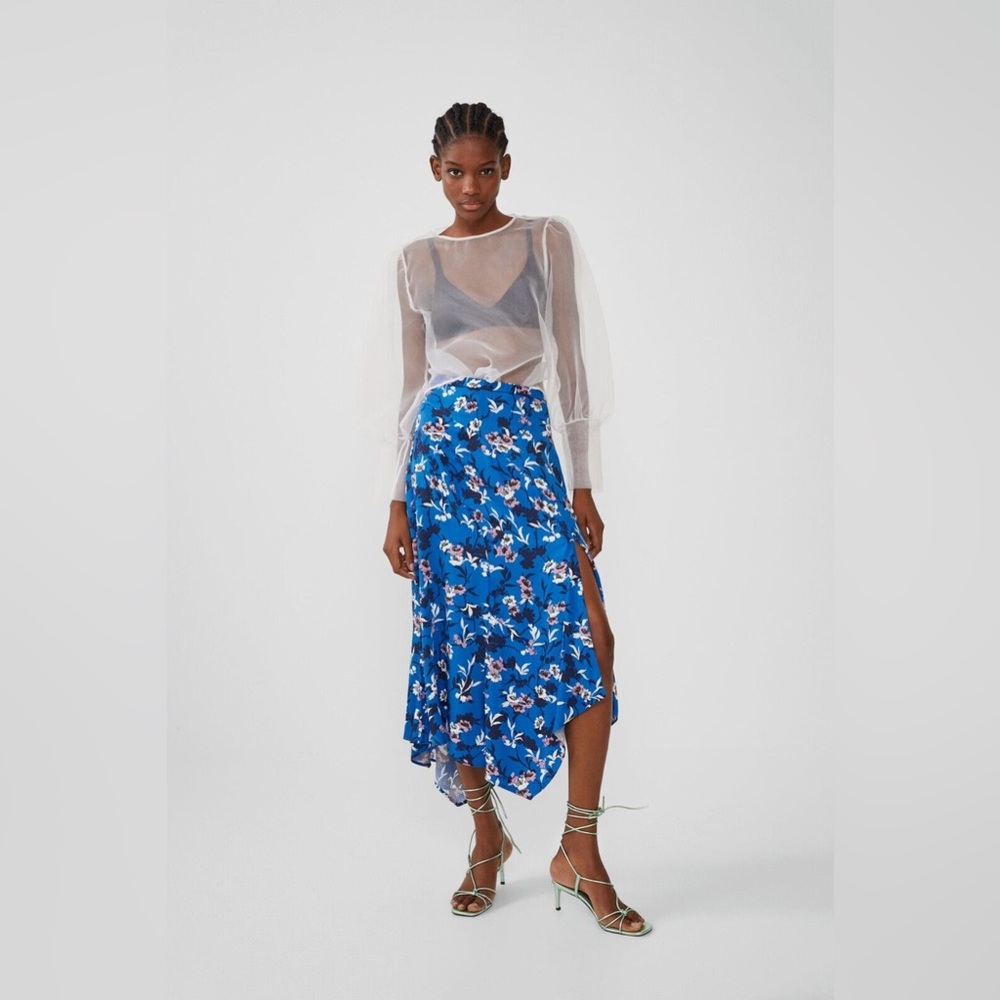 ZARA Cobalt Blue Pastel Pink Floral Handkerchief Asymmetrical Midi Modest Skirt - Picture 1 of 16